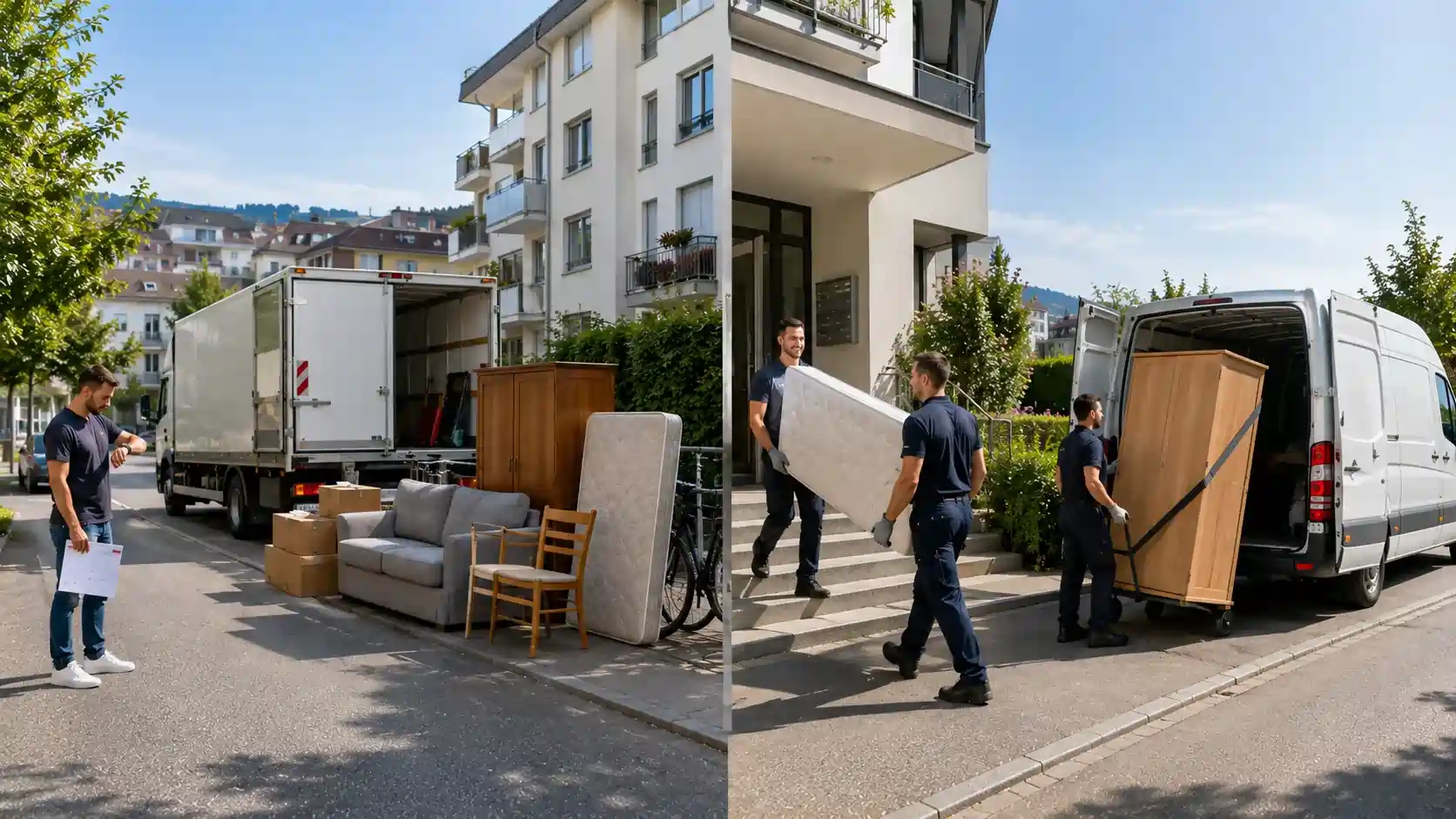 Comparison of Zurich municipal ERZ bulky waste collection and professional disposal service showing kerbside pickup versus door-to-door furniture removal from an apartment building.