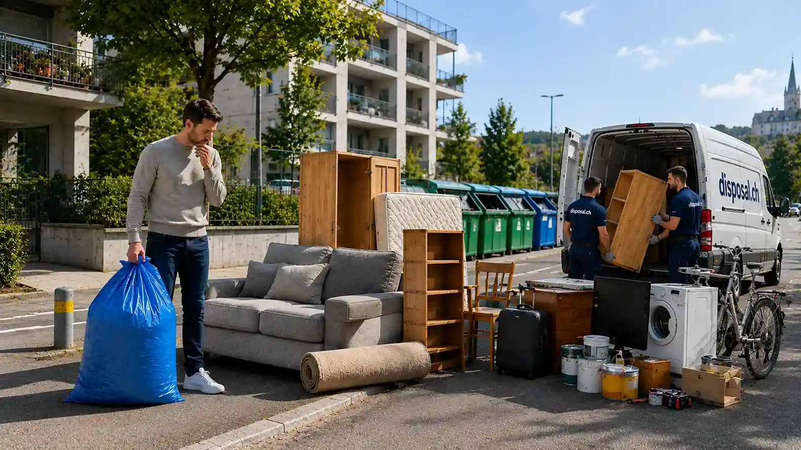 Resident in Zurich comparing an official blue Züri-Sack with bulky waste items including a chair, mattress, carpet, and suitcase before proper disposal.