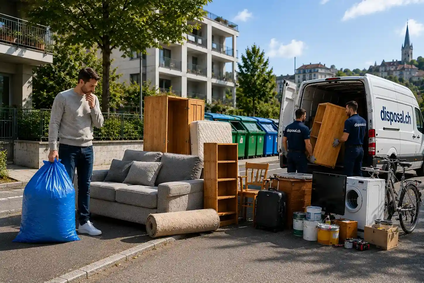Bewohner in Zürich vergleicht einen offiziellen blauen Züri-Sack mit Sperrgut wie Stuhl, Matratze, Teppich und Koffer vor der korrekten Entsorgung.