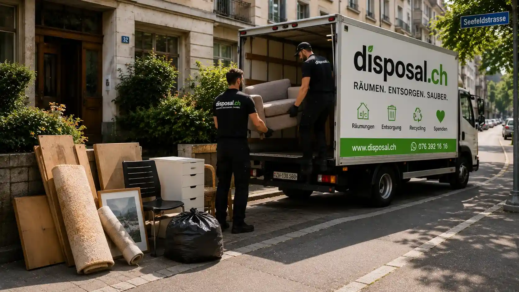 Scheduled bulky waste collection in Zurich with furniture prepared for pickup outside a residential building