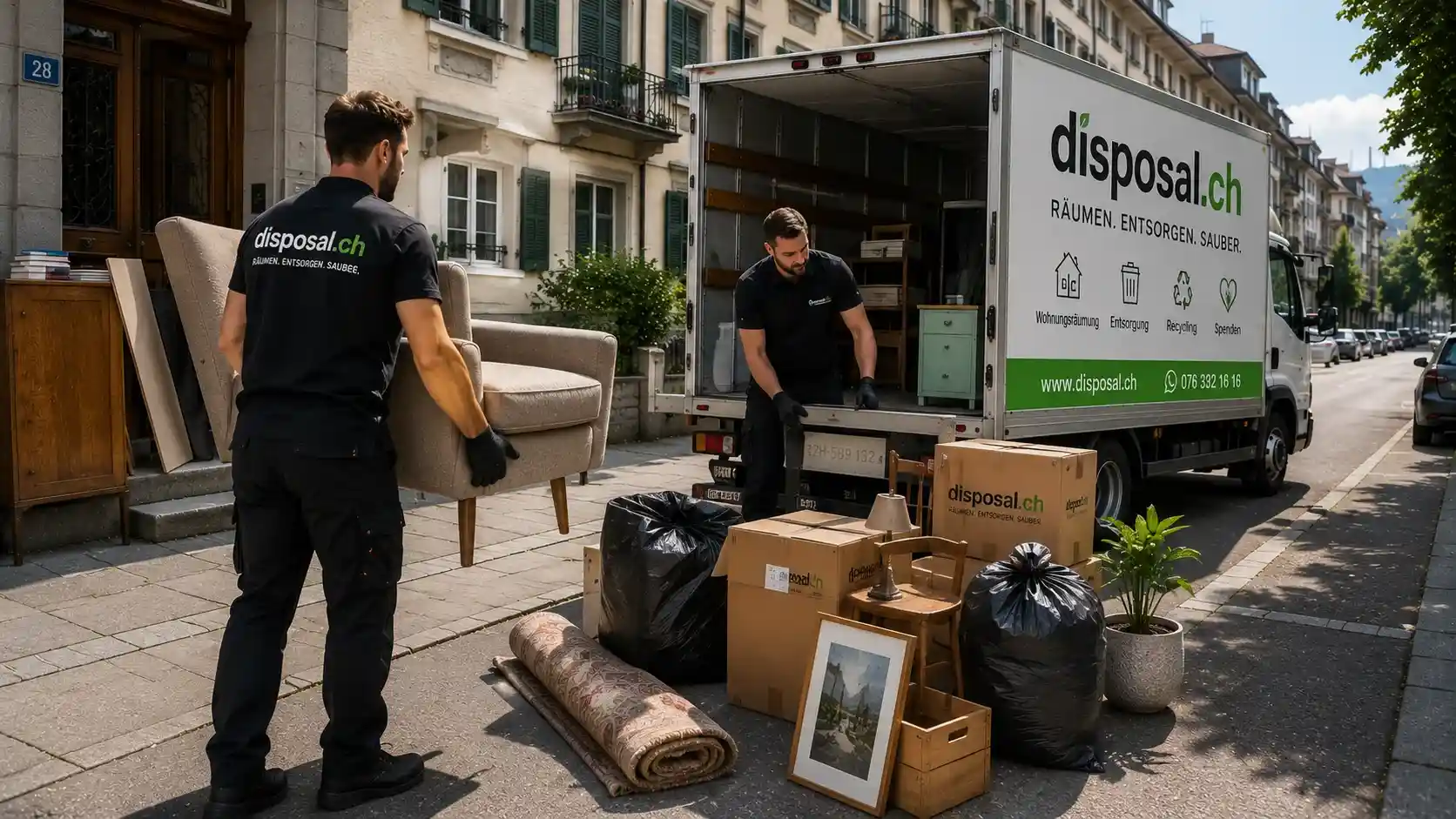 Professional clear-out team removing furniture and household items from an apartment in Zurich, Switzerland
