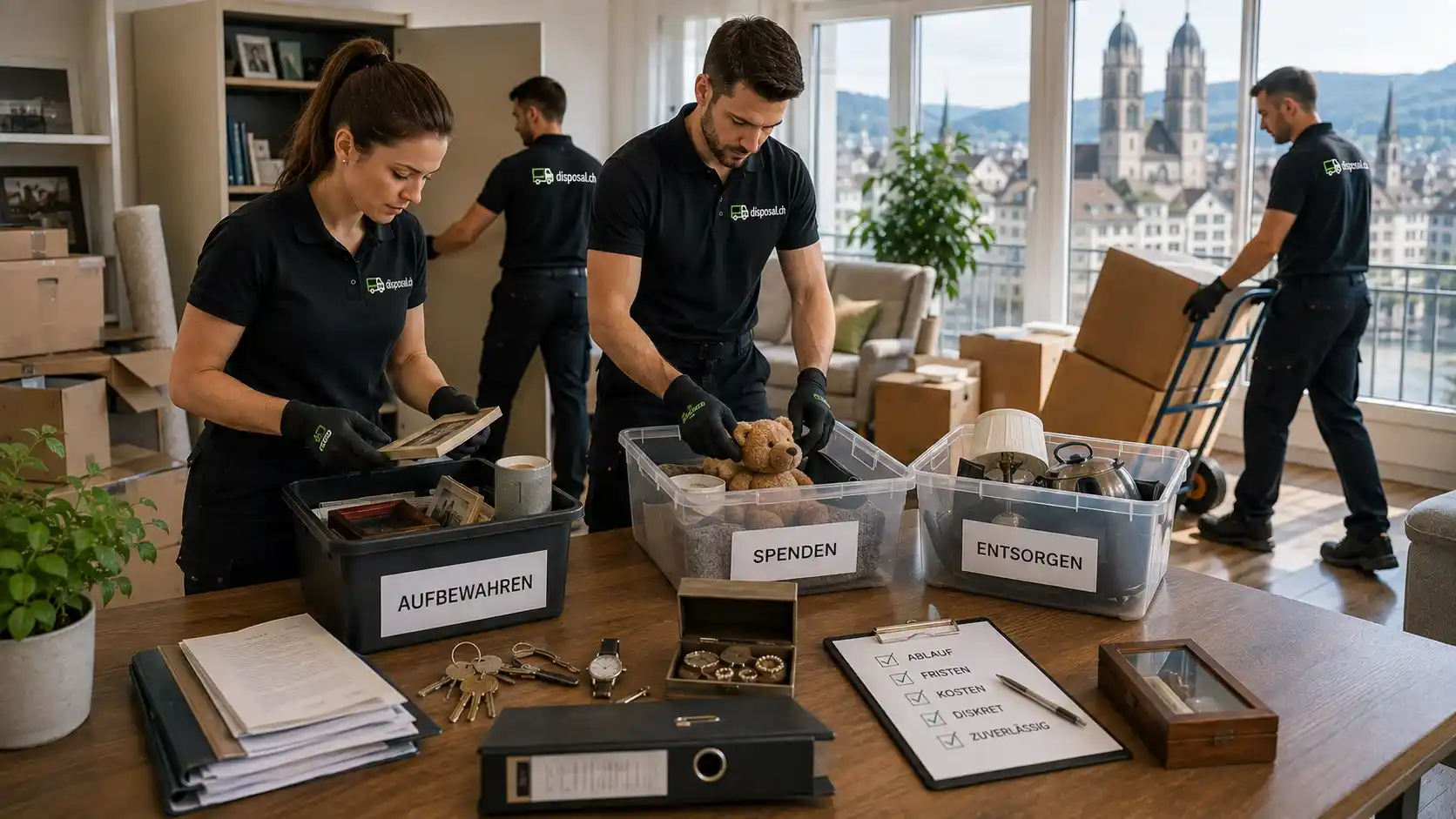 Professionelle Wohnungsräumung nach einem Todesfall in Zürich mit respektvoller Sortierung persönlicher Gegenstände sowie sorgfältiger Vorbereitung von Möbeln und Hausrat für den Abtransport.