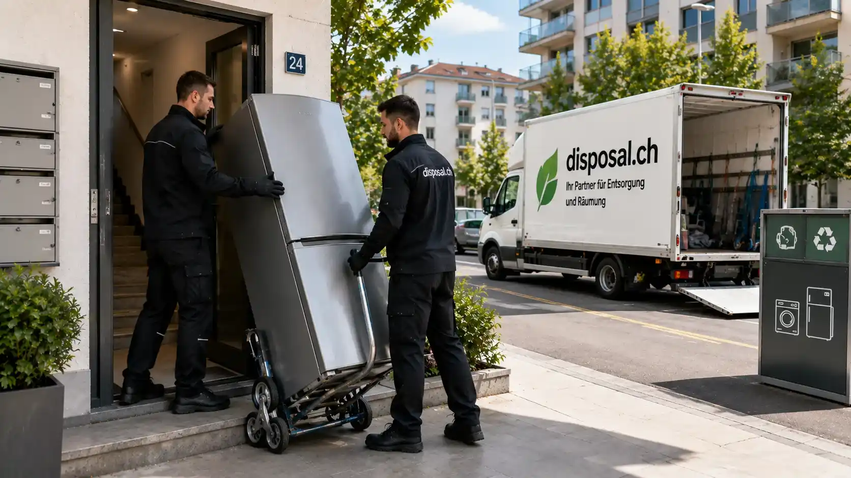 Professional fridge disposal in Zurich showing technicians safely removing a refrigerator for SENS-compliant recycling and certified refrigerant handling.